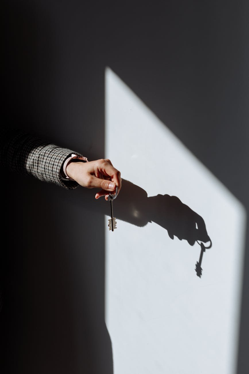 Hand with a key casting a dramatic shadow on a wall, symbolizing property or ownership.